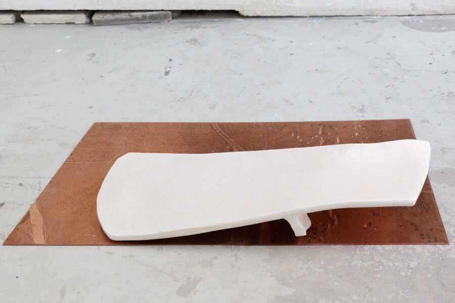Des fragments d’atelier, recherche plastique de l'artiste Sarah Behets, vue d’ensemble, Composites,tôle d’acier, impression sur papier Hahnemühle, modelages en terre posés sur cuivre, dimension variable, Installation 2025© ZVDH Photographie
